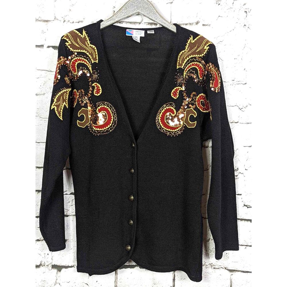 VTG LINDSEY BLAKE Embellished Sequined Paisley Cardigan 80's Artsy Unique Large